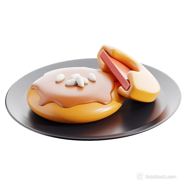 Sliced Pastry With Brown Glaze White Nuts And Red Filling On Black Plate 3d model 