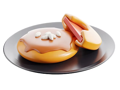 Sliced Pastry With Brown Glaze White Nuts And Red Filling On Black Plate 3d model