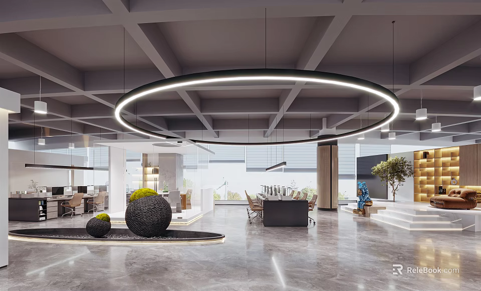 Modern Public Office Space With Open Layout Circular Lighting And Decorative Plants 3d model
