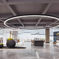 Modern Public Office Space With Open Layout Circular Lighting And Decorative Plants 3d model
