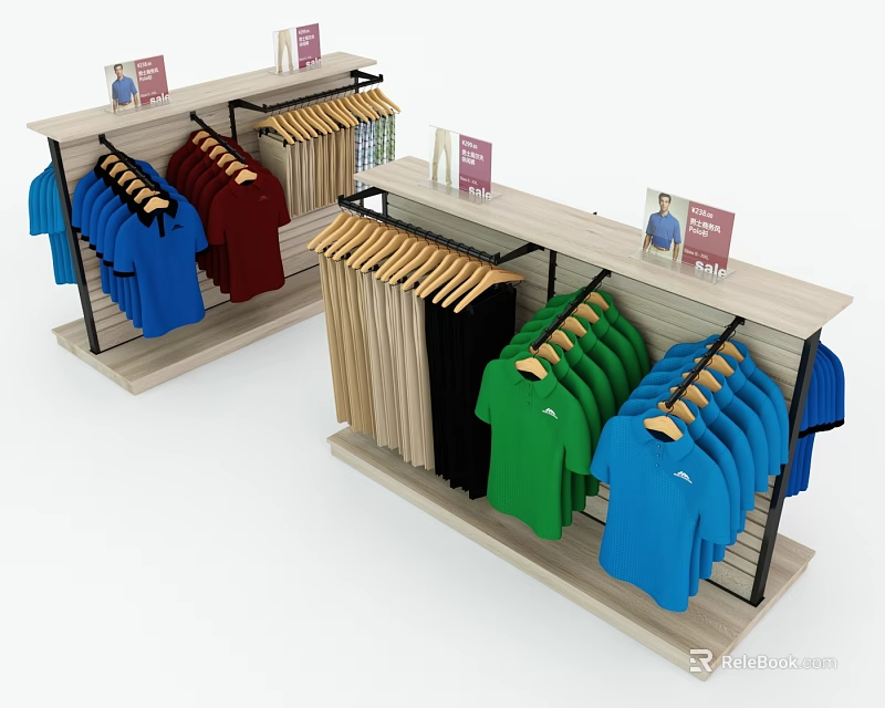 Retail Display Racks With Colorful Hanging Shirts Wooden Hangers And Product Signs 3d model 