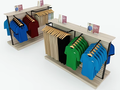Retail Display Racks With Colorful Hanging Shirts Wooden Hangers And Product Signs 3d model