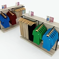 Retail Display Racks With Colorful Hanging Shirts Wooden Hangers And Product Signs