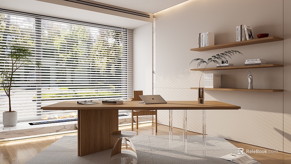 Modern Study Room With Wooden Desk Laptop Shelves And Big Window 3d model 
