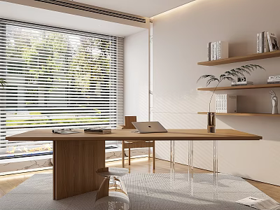 Modern Study Room With Wooden Desk Laptop Shelves And Big Window 3d model