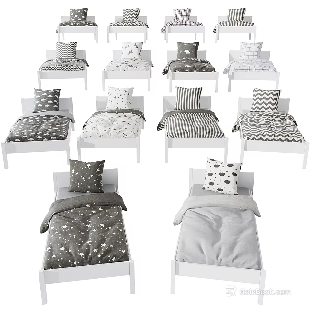 Multiple White Frame Children's Beds With Assorted Patterned Bedding And Pillows 3d model