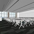 Spacious and Bright School Classroom with White Desks Chairs Green Carpet and Large Windows