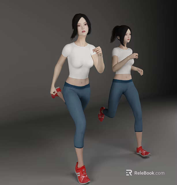 Active Woman Running in White T-Shirt and Blue Leggings with Red Shoes 3d model 