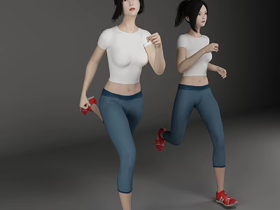 Active Woman Running in White T-Shirt and Blue Leggings with Red Shoes 3d model