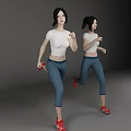 Active Woman Running in White T-Shirt and Blue Leggings with Red Shoes
