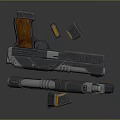 Futuristic Modern Pistol With Silver Metallic Body Wooden Grip Magazine And Ammunition