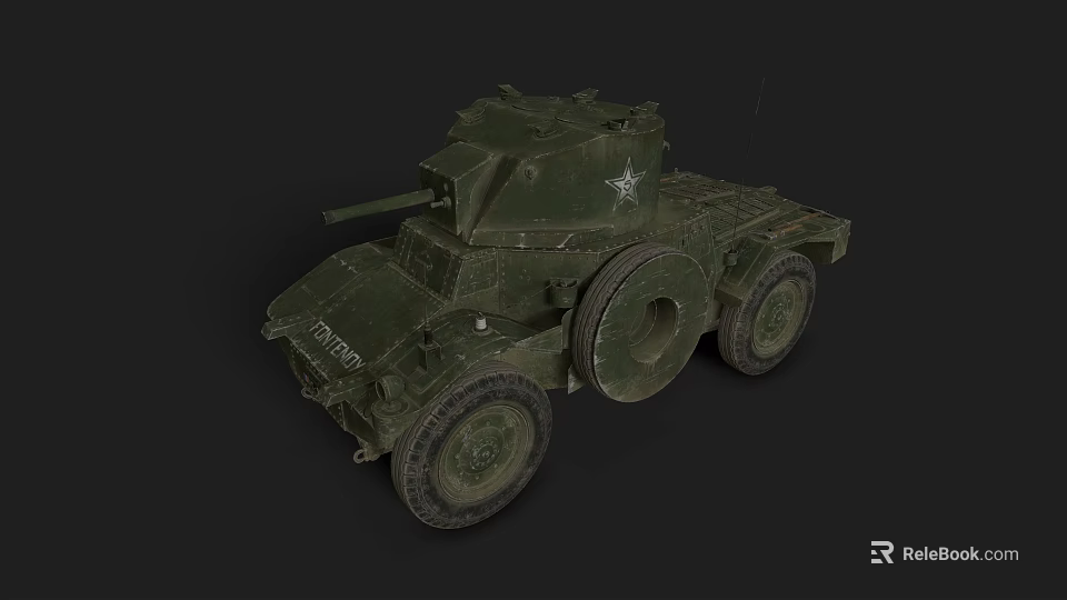 Green Military Wheeled Tank With Star Emblem And Worn Vintage Appearance 3d model 