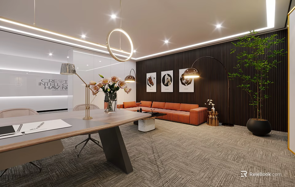 Modern Office Interior Design With Orange Sofa Wooden Table Green Plant And Decorative Paintings 3d model 
