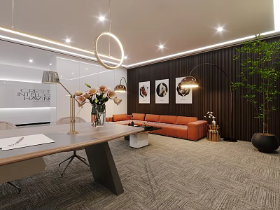 Modern Office Interior Design With Orange Sofa Wooden Table Green Plant And Decorative Paintings 3d model
