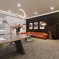 Modern Office Interior Design With Orange Sofa Wooden Table Green Plant And Decorative Paintings