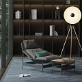 Modern Metal Frame Lounge Chair With Green Throw Pillow And Floor Lamp Near Open Shelving Decorative Items