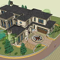 Elegant Single Family Villa Exterior With Dark Roof Red Car Trees and People at Entrance