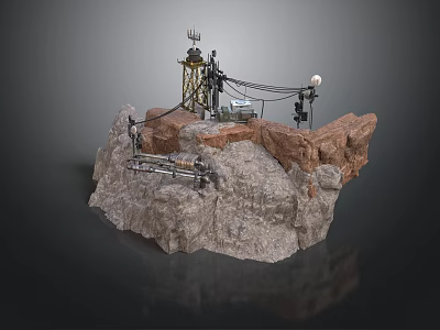 Industrial Rock Structure Setup With Tower Equipment Cables And Monitoring Devices 3d model