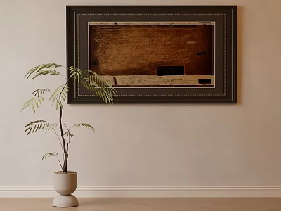 Black Framed Brown Textured Art With Green Plant On Wooden Floor 3d model