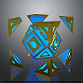Gold And Blue Geometric Polyhedrons Arranged Around Central Cube With Reflections On Dark Background