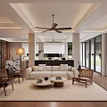 Cozy Living Dining Room Interior With Marble Fireplace Built in Bookshelves And Ceiling Fan