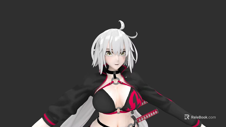 Anime Style Game Character With Silver White Hair Green Eyes And Black Red Outfit 3d model 