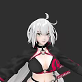 Anime Style Game Character With Silver White Hair Green Eyes And Black Red Outfit