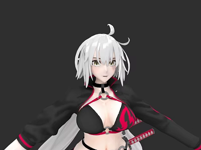 Anime Style Game Character With Silver White Hair Green Eyes And Black Red Outfit 3d model