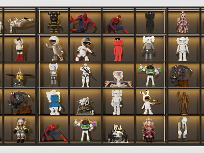 Neatly Arranged Display Cabinet With Various Action Figures And Colorful Collectible Toys 3d model