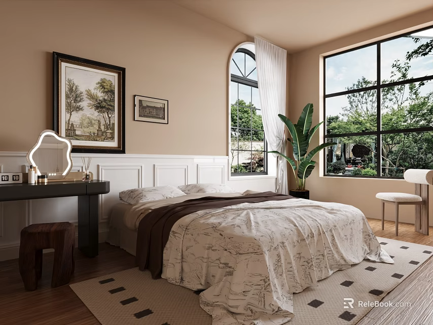 Cozy Bedroom Interior With Beige Walls Large Windows And Green Plant 3d model 