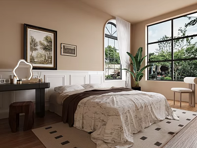 Cozy Bedroom Interior With Beige Walls Large Windows And Green Plant 3d model
