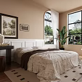 Cozy Bedroom Interior With Beige Walls Large Windows And Green Plant