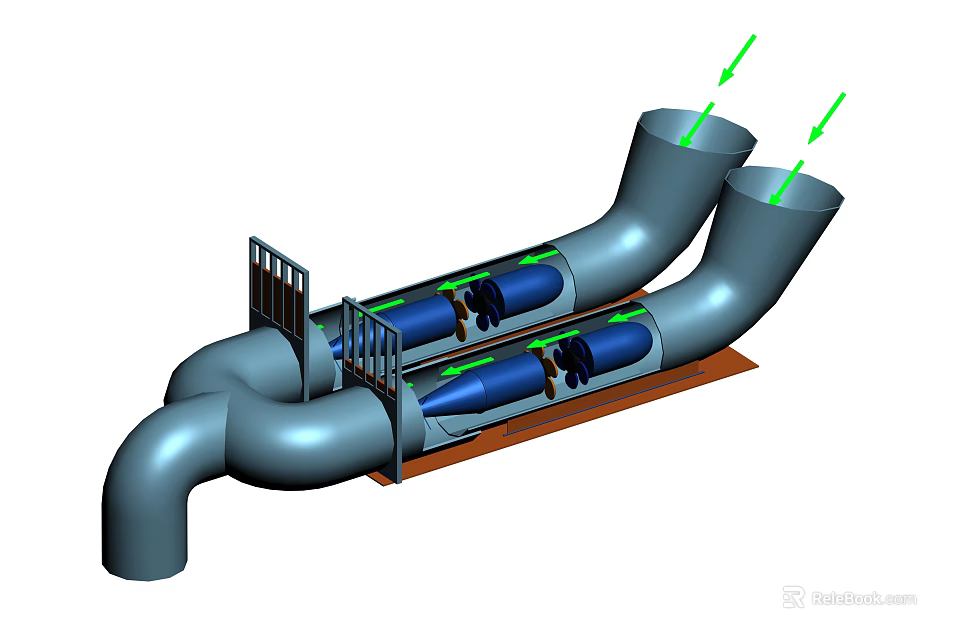 Industrial Processing Equipment With Dual Pipes Blue Pumps Metal Ladder And Upward Flow 3d model 