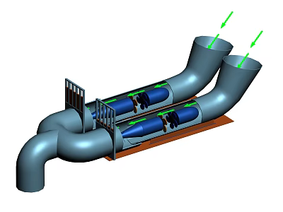 Industrial Processing Equipment With Dual Pipes Blue Pumps Metal Ladder And Upward Flow 3d model