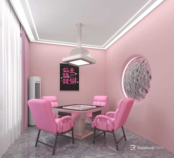 Pink Themed Private Dining Room Interior Design With Round Wall Decor And Pink Chairs 3d model 