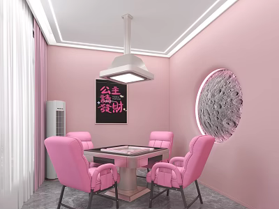 Pink Themed Private Dining Room Interior Design With Round Wall Decor And Pink Chairs 3d model