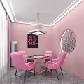Pink Themed Private Dining Room Interior Design With Round Wall Decor And Pink Chairs