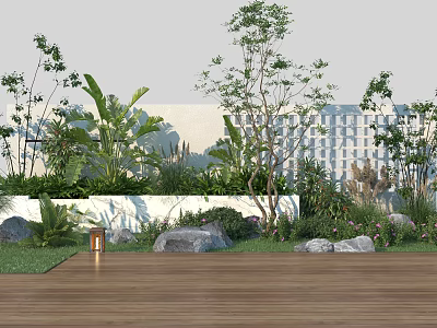 Lush Garden Landscape With Wooden Deck Green Grass Various Plants Stones Lantern And Background Building 3d model