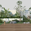 Lush Garden Landscape With Wooden Deck Green Grass Various Plants Stones Lantern And Background Building