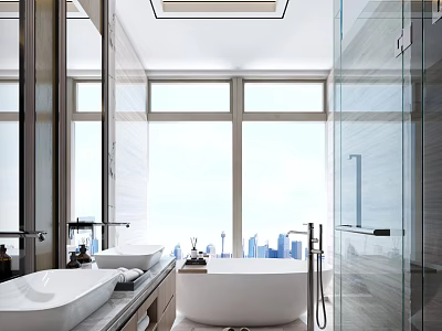 Modern Bathroom Interior With Large Windows City View Freestanding Bathtub Glass Shower And Double Vanity 3d model