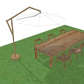Outdoor Wooden Table and Chair Set With Six Chairs White Umbrella on Green Lawn