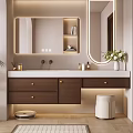 Modern Bathroom Vanity With Backlit Mirror Wooden Cabinets And Warm Lighting