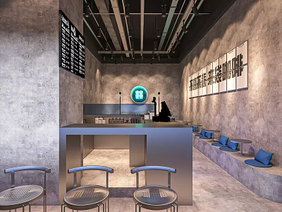 Industrial Style Café Interior With Counter Stools Menu Board Gray Walls And Decor 3d model