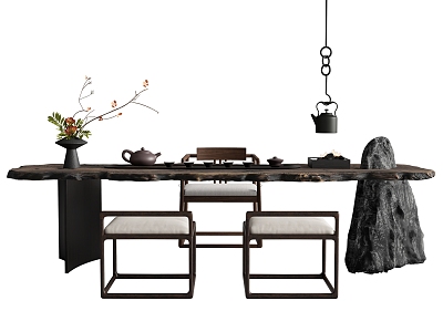 New Chinese Tea Table and Chair Combination Stone Tea Table Old Wood Board Tea Set Floriculture Leisure Chair 3d model