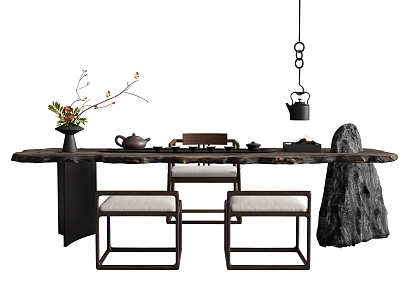 New Chinese Tea Table and Chair Combination Stone Tea Table Old Wood Board Tea Set Floriculture Leisure Chair 3d model