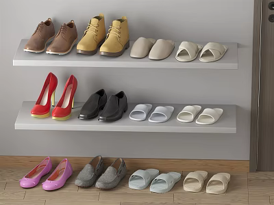 Various Shoes Collection Including Leather Shoes High Heels Slippers And Flats On Shelves And Floor 3d model