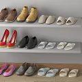 Various Shoes Collection Including Leather Shoes High Heels Slippers And Flats On Shelves And Floor