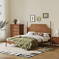 Wooden Double Bed With Green Quilt Pillows Nightstand Decorative Wall Art Area Rug And Plant