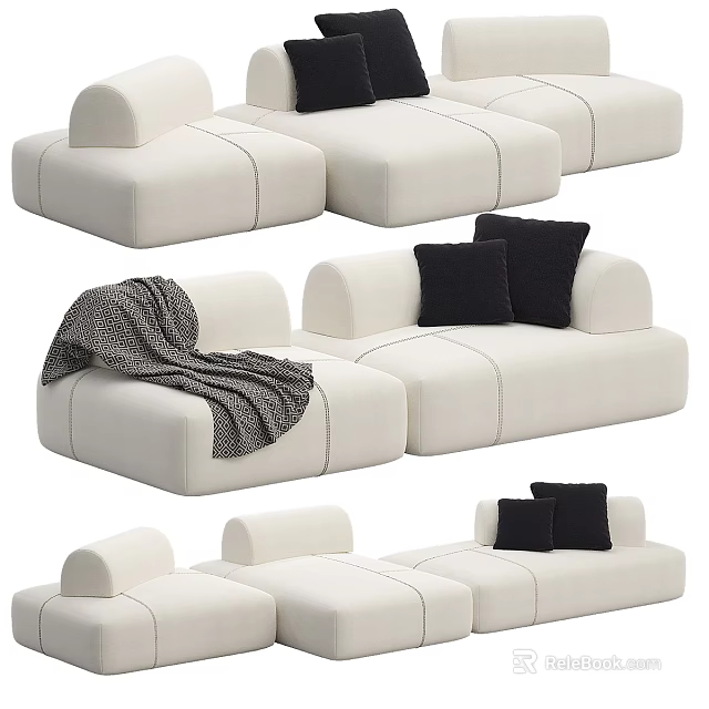 Minimalist White Fabric Two Seater Sofa With Black Cushions And Gray Throw Blanket 3d model 