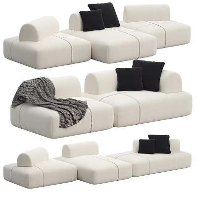 Minimalist White Fabric Two Seater Sofa With Black Cushions And Gray Throw Blanket 3d model